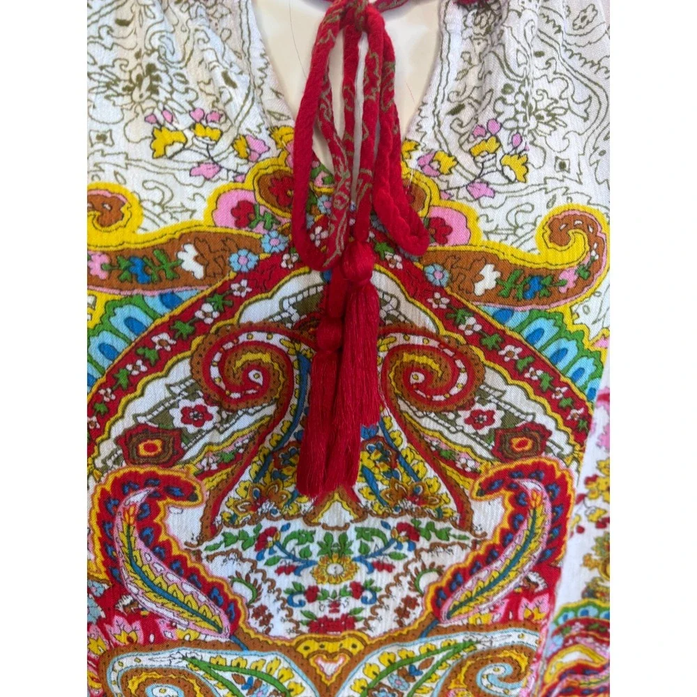 Bila Womens Large Boho Paisley Sleeveless Tassel Tie Neck Ruffle Hem Rayon Top